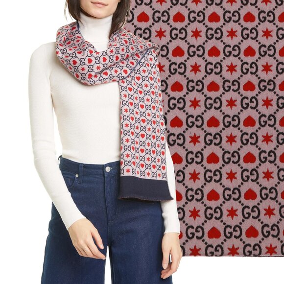 GUCCI SCARF GG LOGO HEART STAR PRINT WOOL COTTON MHERRY FITTIZIO 75" LONG - Picture 1 of 14